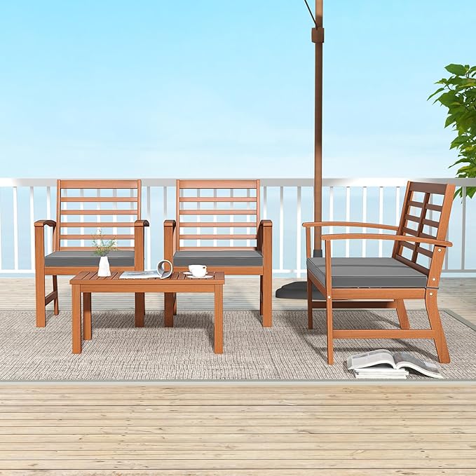 Tangkula 4 Pieces Outdoor Furniture Set, Acacia Wood Conversation Set w/Soft Seat Cushions, Stable Acacia Wood Frame, Patio Sofa & Coffee Table Set for Backyard, Porch, Poolside (Grey)