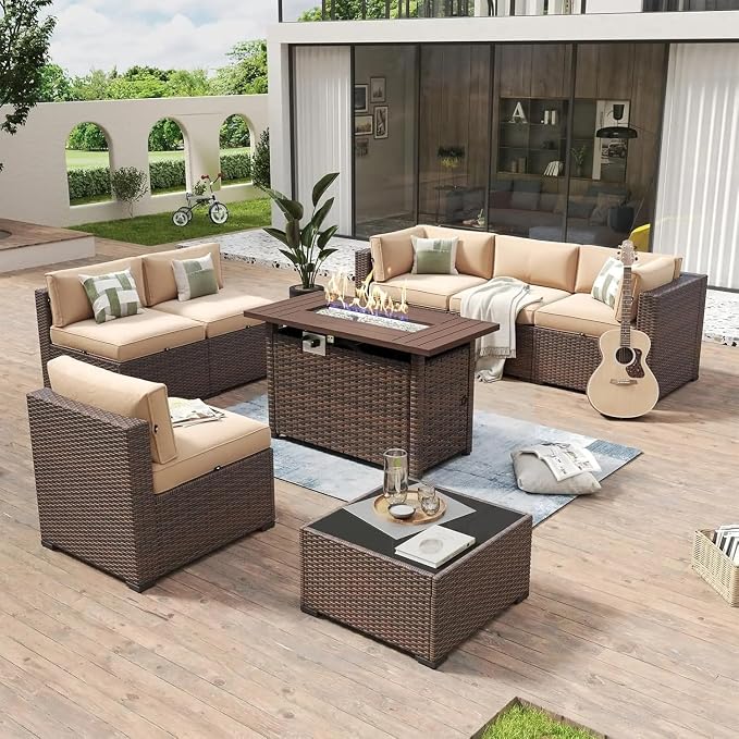 Beige 8 Piece Patio Furniture Set with 44” Fire Pit Table Wicker Rattan Outdoor Sectional Sofa Set with Coffee Table