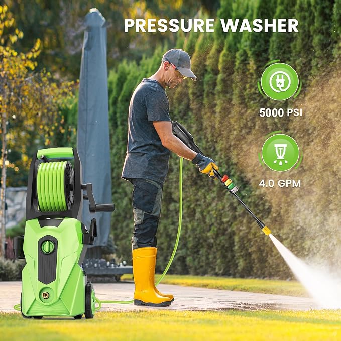 Pressure Washer 5000PSI Power Washers Powered with 33ft Pressure Hose, 4 Nozzle and Foam Cannon, powerwashers for Home, Cars, Fences, Patio, Upgraded Green