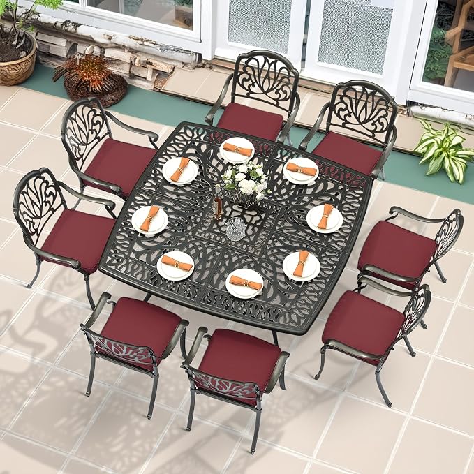 MEETWARM 9-Piece Outdoor Furniture Dining Set for 8, All Weather Cast Aluminum Patio Dining Set- Large 64" Square Table with Umbrella Hole and 8 Cushioned Chairs, Patio Table and Chairs Set, Red