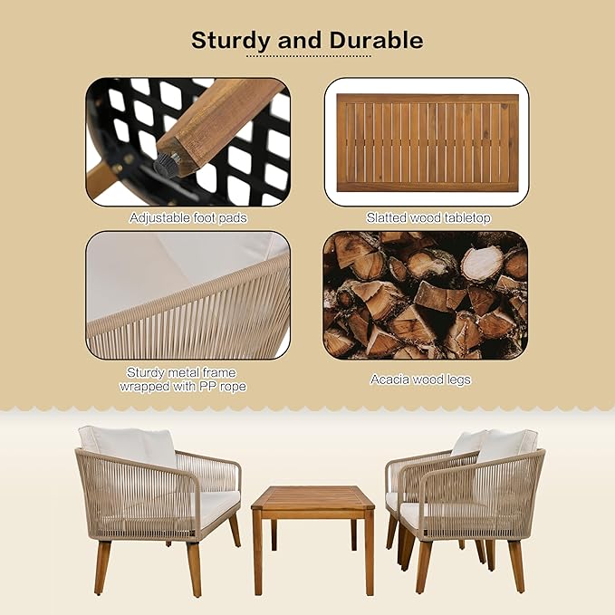 TREXM 4-Piece Patio Conversation Set, Solid Wood Loveseat, 2 Chairs and Table, Outdoor Conversation Group with Cushions for Backyard, Poolside, Garden (Beige Cushion + Natural Rope)