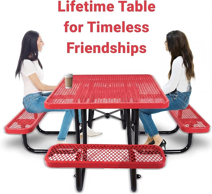 46" Square Metal Picnic Table for 4-8 Person, Durable Heavy Duty Commercial Picnic Table with Umbrella Hole for Outdoor Coffee Shop, School, Hospital, Easy to Install, Red