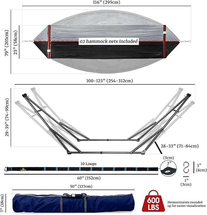 Tranquillo Combo x2 Hammocks with Stand for Outside & Tree Straps, Heavy Duty Hammock with Stand 600lbs for Indoor Outdoor Patio Backyard, x2 Hammocks for 2 Person (Combo - Grey, Medium)