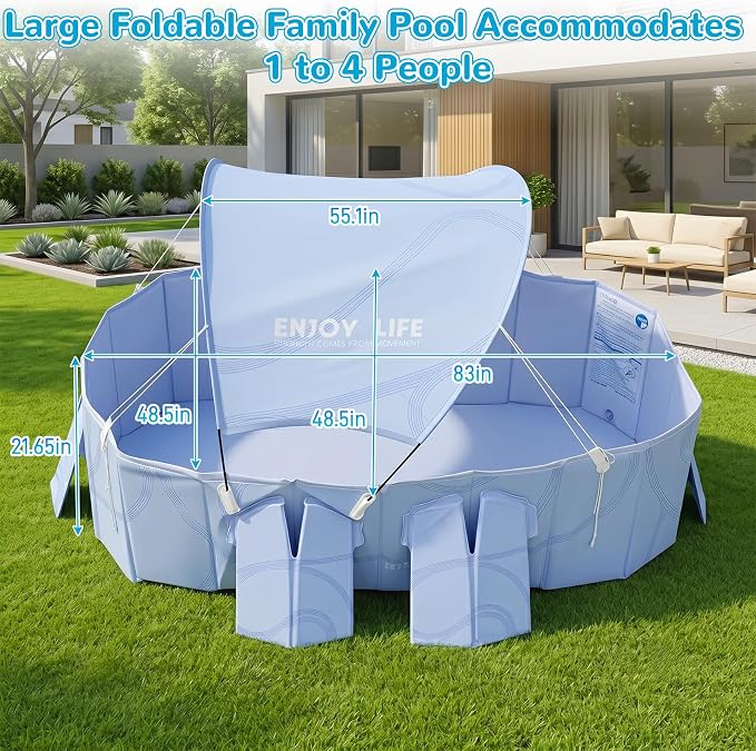 Foldable Pool with Canopy,Large Portable Pool for Adult,Thickened Collapsible Folding Pool for Backyard,85×50×22 in,20 Seconds Installation&Titanium Silver Canopy,Feels-Like Temp 50°F – 64.4°F,Blue