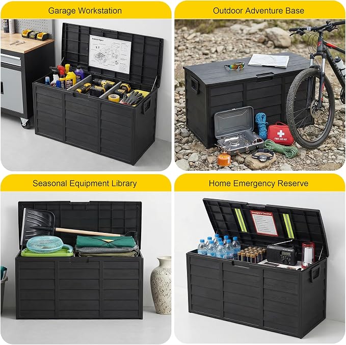 75 Gallon Resin Deck Box, Waterproof Anti-UV Lockable Outdoor Storage Bin for Patio Furniture Garden Tools, Heavy Duty Indoor Package Delivery Deck Boxes for Pillows Pool Cushions, Black