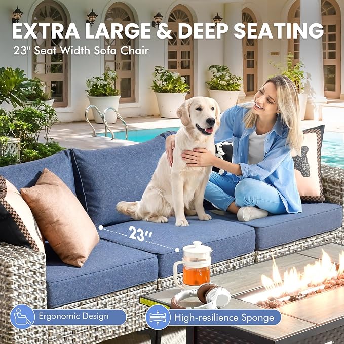 5 Pcs Patio Outdoor Furniture Set - All Weather Wicker Outdoor Sectional Sofa Couch with Coffee Table and Ottoman,Patio Modular Rattan Conversation Set for Garden Deck Yard,Denim Blue