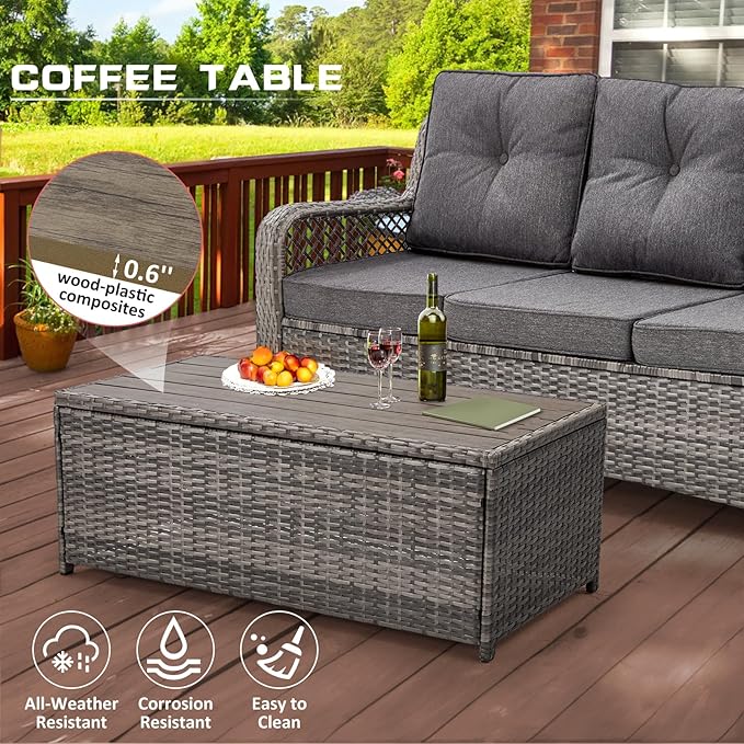 6 Pieces Wicker Patio Furniture Set Conversations Sets, 2 Outdoor 360° Swivel Rocking Chairs, Patio Swivel Glider Chair with Table and Ottoman for Garden, Poolside, Backyard (Grey)