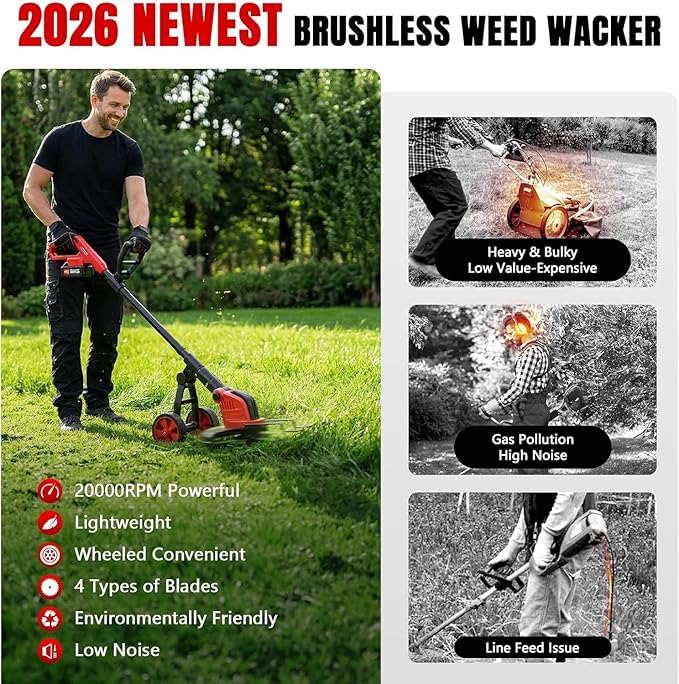 6000mAh Electric Weed Eater Battery Powered,12″ Brushless Electric Weed Wacker Cordless Wheeled String Trimmer,4 in 1 Grass Trimmer/Brush Cutter/Grass Edger/Weed Trimmer 5 Blade, 2 Battery (Red)