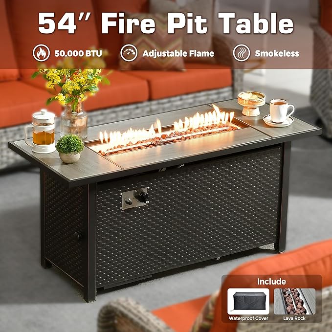 8-Piece Outdoor Patio Furniture Set with Fire Pit Table,All Weather Wicker Rattan Patio Seating Sofa and Chair Set with Ottomans,Outdoor Conversation Sets w/ 3 Seater Couch for Porch Deck Yard,Red