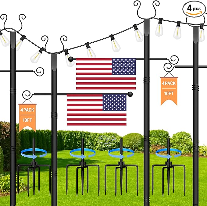 4 Pack String Light Poles 10 Ft - Patio Adjustable Stand with Fork, Backyard Heavy Metal Lighting Posts for Outside Deck Wedding Garden Party