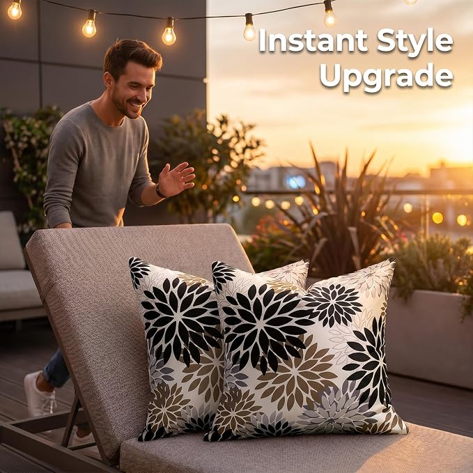 Pack of 2 Dahlia Outdoor Waterproof Throw Throw Pillow Cases 20×20 Black and Brown Throw Pillow Cases Spring Summer Decorative Cushion Covers for Couch Bench Furniture Patio Garden