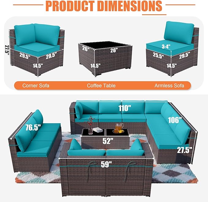 ALAULM 14 Pieces Patio Furniture Set Wicker Patio Conversation Set, Outdoor Sectional Furniture w/Coffee Table & Washable Seat Cushions-Blue