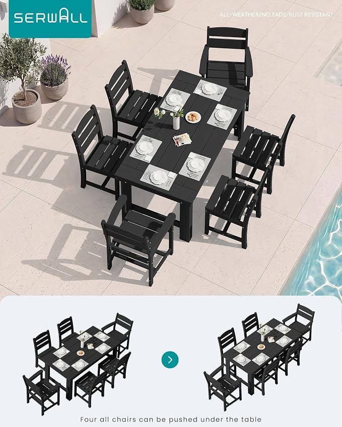 SERWALL HDPE Outdoor Dining Table and Chairs Set for 6 | with Armless Chair Seat