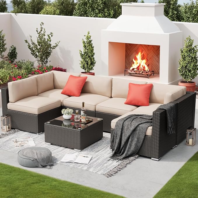 Betterland 7 Piece Outdoor Sectional Sofa Patio Furniture Set, All-Weather PE Rattan Wicker Patio Conversation Set with Washable Cushion, Glass Table and Waterproof Cover(Beige)