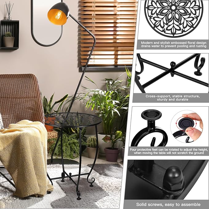 Small Outdoor Side Tables - 14 Inch Metal Patio Side Table, Anti-Rust Waterproof Outdoor Round End Table for Patio Porch Garden Yard Balcony, Black (Style D)
