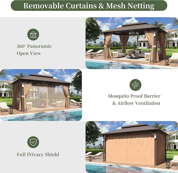 Aoxun 14'x10' Hardtop Gazebo with 4 LED Lights, Outdoor Gazebo with Galvanized Steel Double Roof, Patio Gazebo with Breathable Netting & Privacy Curtain, Decor Hooks for Backyard, Brown
