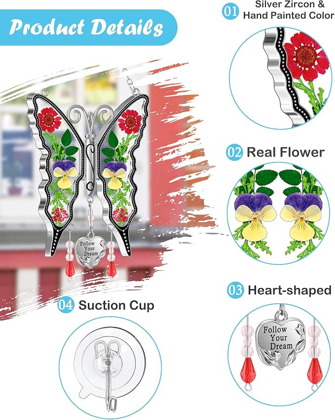 KY&BOSAM Butterfly Suncatcher for Windows Hangings Follow Your Dream Stained Glass Wind Chimes with Pressed Flower Heart Charm Birthday Gifts for Women Mother's Day Valentine's Christmas Home Decor