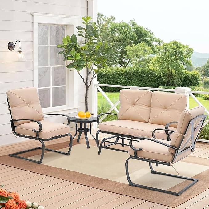 4 Pieces Metal Outdoor Furniture Patio Conversation Set, Glider Chairs Set with Round Side Table, Spring Lounge Chair Sets Metal Frame Wrought Iron Look (Brown)
