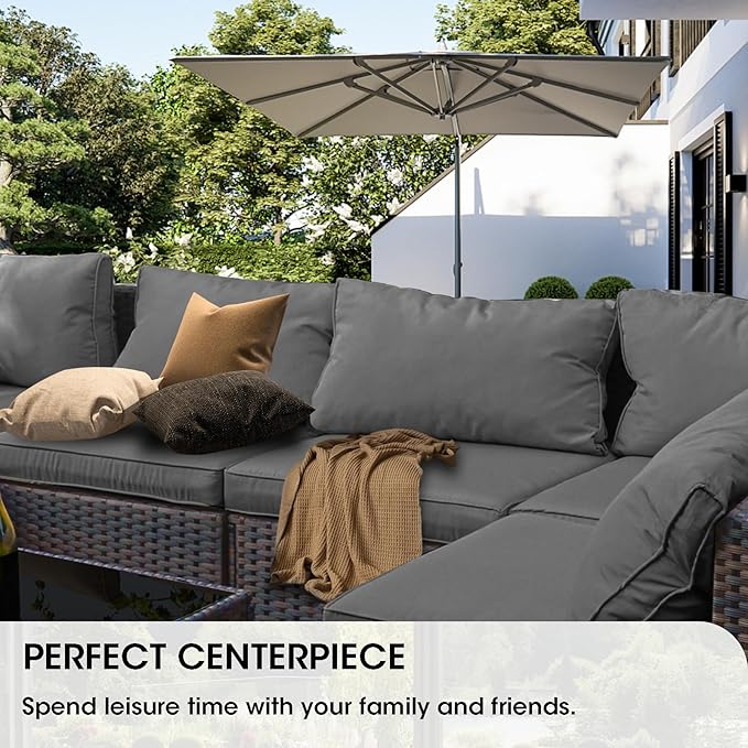 5 Piece Patio Furniture Set with 44" Fire Pit Table, Outdoor Sectional Couch, PE Rattan Patio Conversation Sets with 4inch Cushions for Backyard Grey