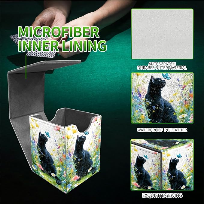 Lawn Black Cat Card Deck Box for MTG, Personalized Card Storage Case Fits 120+ Sleeved Cards, Premium Leather TCG Box with Strong Magnetic Closure for Magic, CCG, PTCG, Baseball Cards