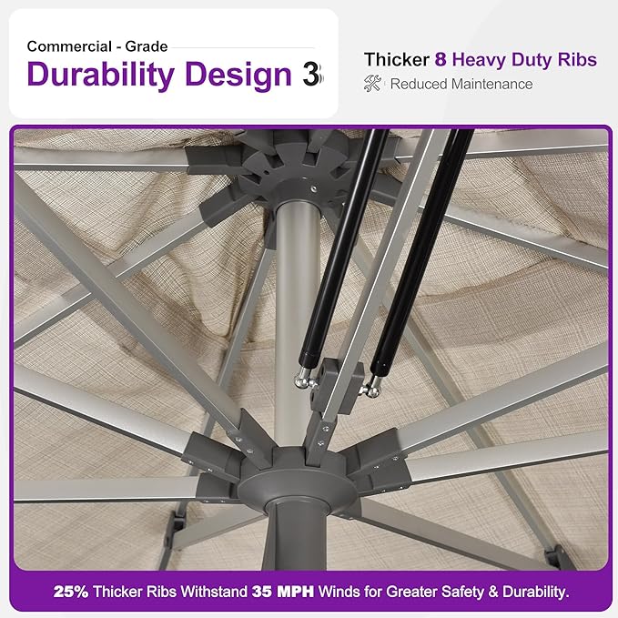 PURPLE LEAF 9 FT Semi-Auto Outdoor Patio Umbrella Market Table Sun Umbrellas with 8 Aluminum Sturdy Ribs for Backyard Deck Garden Pool (Silver Pole Beige Canopy)