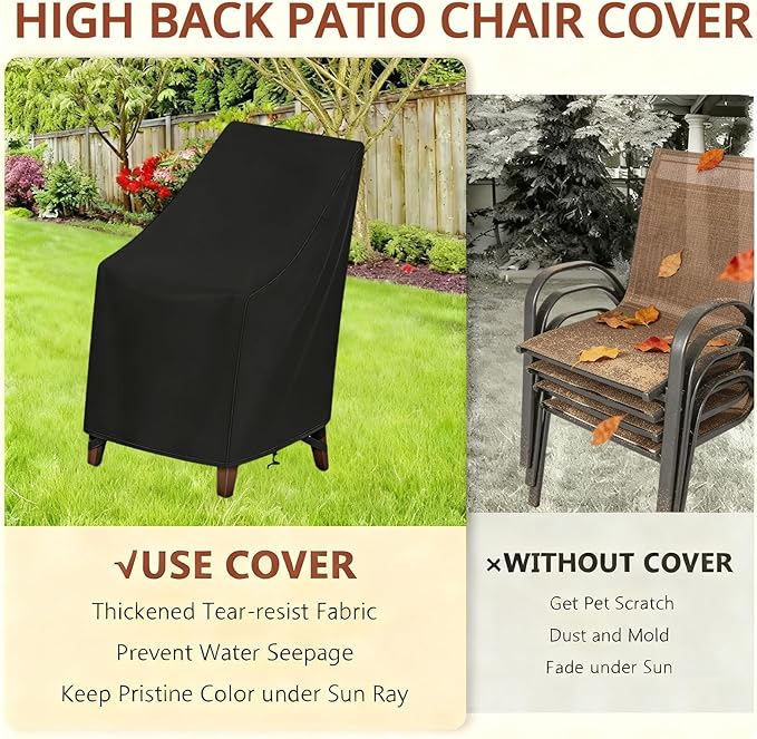 High Back Patio Chair Cover,Waterproof Covers for Stackable Dining Chairs,Outdoor Patio Furniture Seating Set Shield (27”W x 30”D x 42”H,2-Pcs)