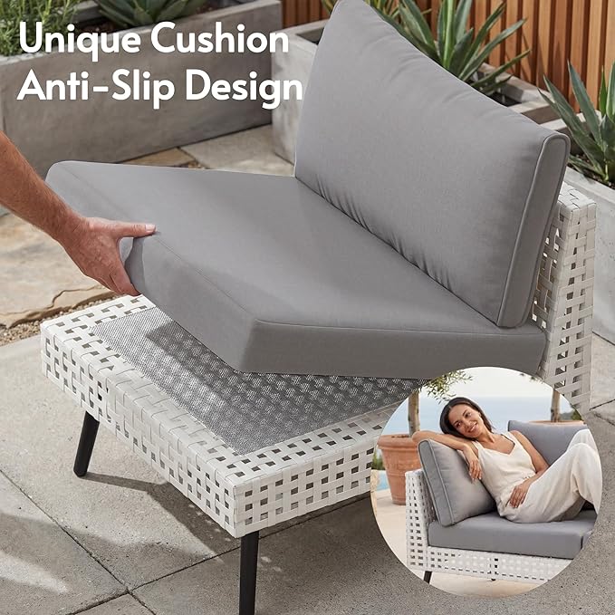 ENSTVER Modern High-End 5-Piece Wicker Patio Furniture Sets，Outdoor Patio Sectional with Thicken Cationic Fabric Cushions & Non-Slip Pad, Convertible Conversation Sets for Garden, Poolside, Backyard