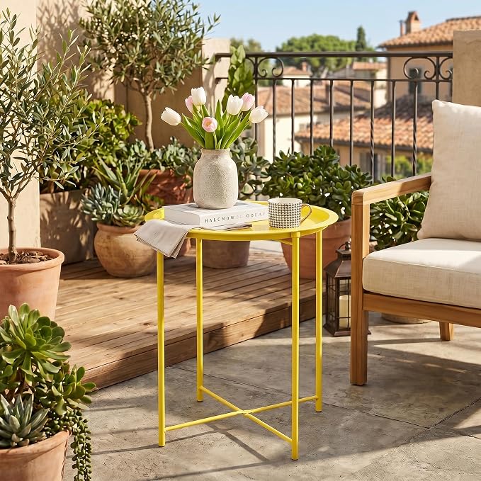 VECELO Side/End Table, Folding Round Metal Anti-Rust and Waterproof Outdoor or Indoor Tray for Living Room Bedroom Balcony and Office, 1 PCS,Yellow