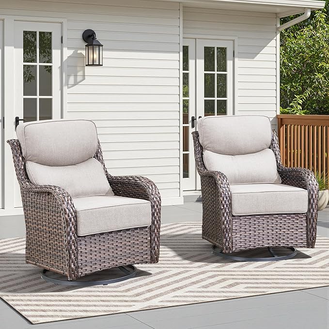 Luxury Wicker Patio Furniture Set-High Back Outdoor Swivel Chairs Set of 2 with 6" Thick Cushions Wide Armrest All Weather Patio Conversation Sets for Deck Porch Balcony(Brown/Beige)