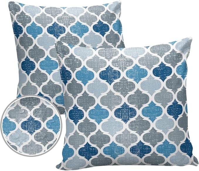 Morocco Outdoor Pillow Shams Set of 2, Decorative Pillowcases Cushion Case, Soft Throw Pillow Covers Waterproof Pillow Case 16x16 Inch, Blue Grey Geometry Retro