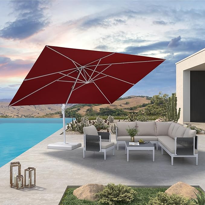 PURPLE LEAF 10' × 13' Patio Umbrella White Cantilever Umbrella Aluminum Square Outdoor Offset Umbrella Hanging Windproof with 360° Rotation for Garden Deck Pool, Red