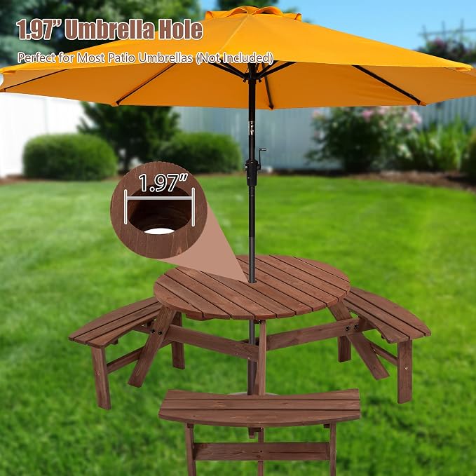 SSLine 6-Person Solid Wood Picnic Table Outdoor Round Picnic Table and Bench Set with Umbrella Hole Outside Wooden Table and Chairs Set for Patio Backyard Garden Lawn (Dark Brown)