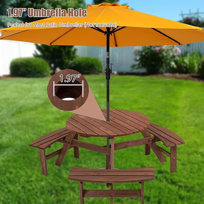 6 Person Picnic Table Round Outdoor Dining Table with Umbrella Hole,3 Built-in Benches,Wooden Outside Picnic Tables and Bench Set for Garden,Patio, Backyard,1720LBS Total Capacity,Walnut Brown