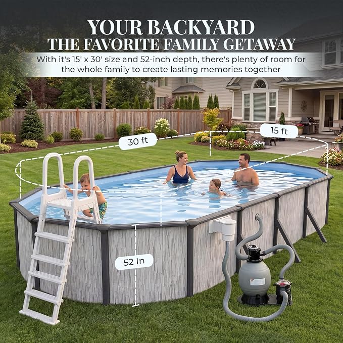 Blue Wave Sevilla 15x30-ft Oval 52-in Deep Hard Sided Steel Wall Above Ground Pool with 6-in Steel Top Seats, Dual-Speed Sand Filter System, Ladder, Skimmer & Liner – 9,900 Gallon Cap for Family Use