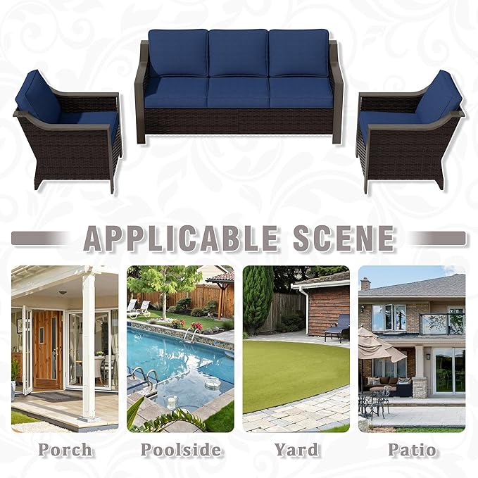 3 Piece Wicker Patio Conversation Set, All-Weather Use Outdoor Wicker Sofa with 2 PE Rattan Chair, Removable Water-Resistant Cushion, Ideal for Porch, Backyard, Balcony, Poolside, Blue