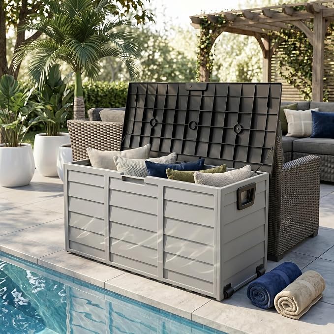 75 Gallon Black & Grey Outdoor Storage Deck Box, 260L Waterproof UV Resistant Plastic Patio Storage Bin with Wheels & Lockable Lid, Weatherproof Container for Cushions Tools Toys