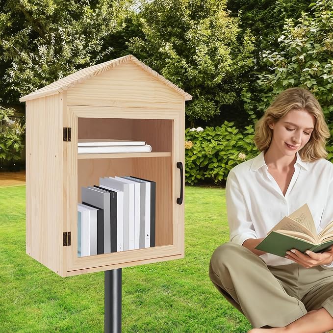 Outdoor Library Box, 15.74x11x23inch Wood Literature Exchange Box DIY Little Wood Cabinet with Shelf for Outside Neighborhoods Community and Schools Sharing Books Literature (Gable Roof)