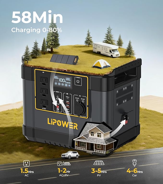 Lipower Portable Power Station 1075Wh LiFePO4 Battery,1200W (2000W Peak) Solar Generator with 10ms UPS,50-Min Fast Charge,Plug & Play Battery Backup for Emergency,RV Camping,Home Use(No App Required)