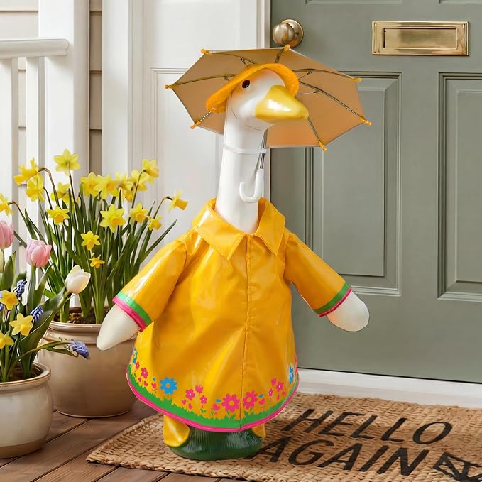 Raincoat Goose Outfits Porch Goose Spring Outfit Goose Printed Raincoat Clothes with Umbrella Hat Fits 23" Geese Statue for Spring Summer Garden Lawn Patio Yard Outdoor Decor (Yellow)