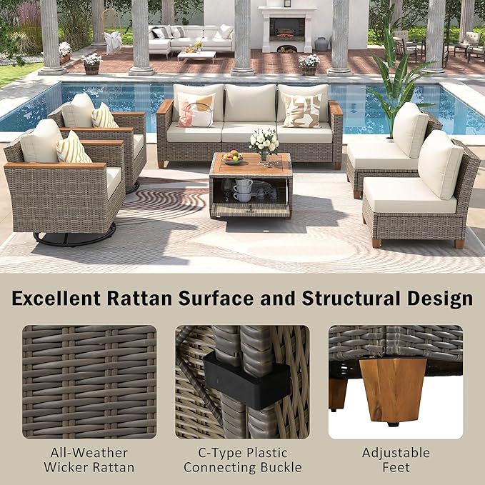 Outdoor Patio Sectional Furniture Set, 8-Piece Wicker Rattan Sofa Set with Thick Cushion, Patio Swivel Rocking Chairs Set of 2 with Acacia Storage Table, Conversation Set for Backyard (Beige+Brown/36)