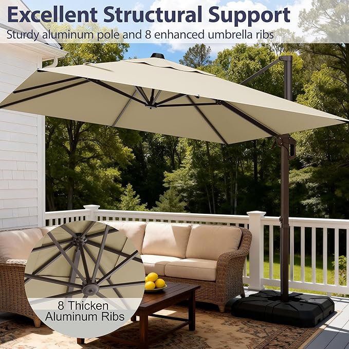 9' X 12' Rectangle Patio Umbrella Cantilever Outdoor Umbrella, 6-Level Tilt & 360° Rotation Offset Umbrella for Garden, Deck, Pool (Beige)