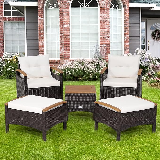 HAPPYGRILL 5 Pieces Patio Furniture Set Outdoor PE Wicker Lounge Chair and Ottoman Set with Cushions and Side Table with Acacia Wood Tabletop, Outdoor Conversation Set for Garden Poolside Backyard