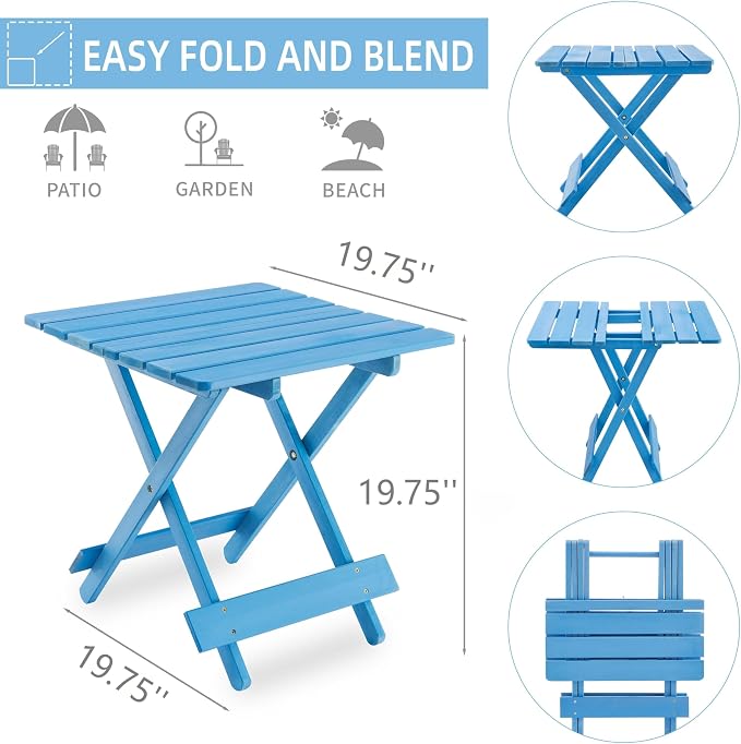 IRONORA Blue Solid Acacia Wood Folding Patio Side Table, Slatted Portable Outdoor End Table, Foldable Small Wooden Accent Table for Backyard Pool Balcony Beach Camping Indoor Use