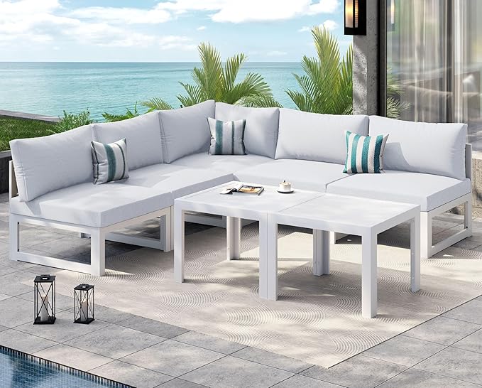 NICESOUL 7 Piece Oversized Modular Aluminum Outdoor Furniture Set, 29" Deep Wide Sectional Seating, 500 lbs High Weight Capacity Water Resistant Patio Conversation Set for Garden Terrace, Light Gray