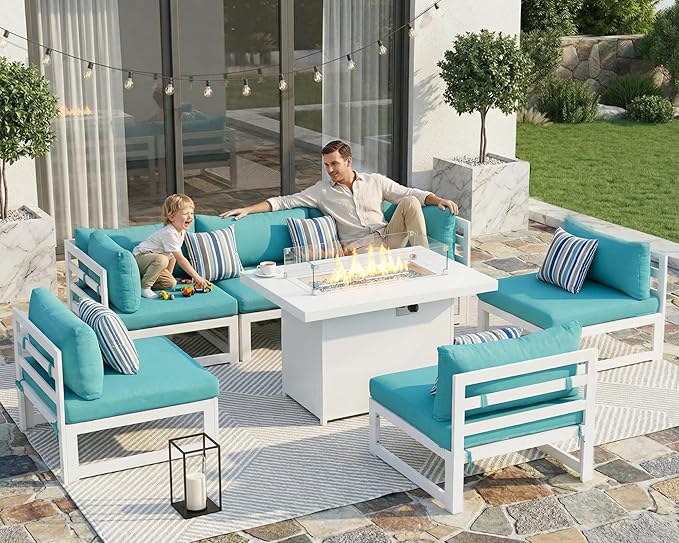 NICESOUL 6 Person Modern Aluminum Outdoor Patio Furniture Set with Fireplace, 29" Wide Deep Seating, Fade & Water Resistant L Shaped Sectional Couch, Large Conversation Set for Backyard Terrace, Teal