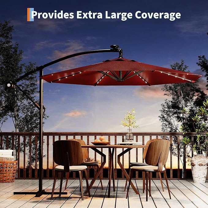 10FT Cantilever Patio Umbrella with Solar LED Lights - Heavy Duty 2-Tier Square Aluminum Offset Outdoor Umbrella, 360° Rotation for Poolside, Backyard, Deck Outdoor Use, Tan
