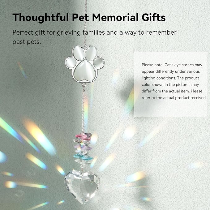 Dog Memorial Gifts, Pet Memorial Suncatcher, Loss of Dog Sympathy Gift | Thoughtful Dogs and Cats Bereavement Remembrance Gifts, Natural Cat's Eye Stone Paw Crystal Suncatcher