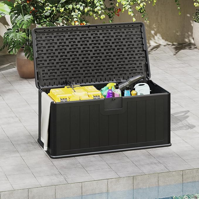 Giantex 100 Gallon Deck Box, Waterproof Resin Box with Lockable Lid, 440Lbs Outdoor HDPE Storage Container Bench for Patio Furniture Cushions, Pool Tools & Garden Accessories (Black)