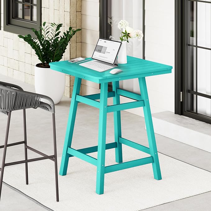 Costaelm Outdoor Bar Table, 37" Counter Height Square Patio Cocktail Bar Table with Umbrella Hole, Patio Bistro Dining Pub Table for Front Porch Deck Backyard Garden, Turquoise