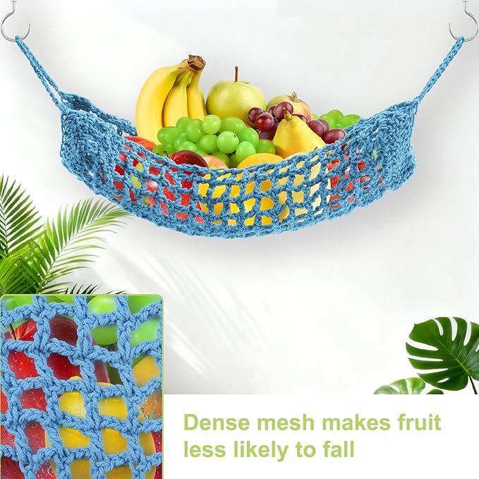 Macrame Fruit Hammock 1 Pack Cotton Fruit Holder Net Under Cabinet Veggie Storage Space Saving Kitchen Decor with Hooks (Azure Blue)